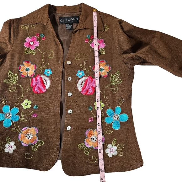Silkland Embroidered Silk Blazer,  Size Small,  Brown with Floral Design - Picture 7 of 9
